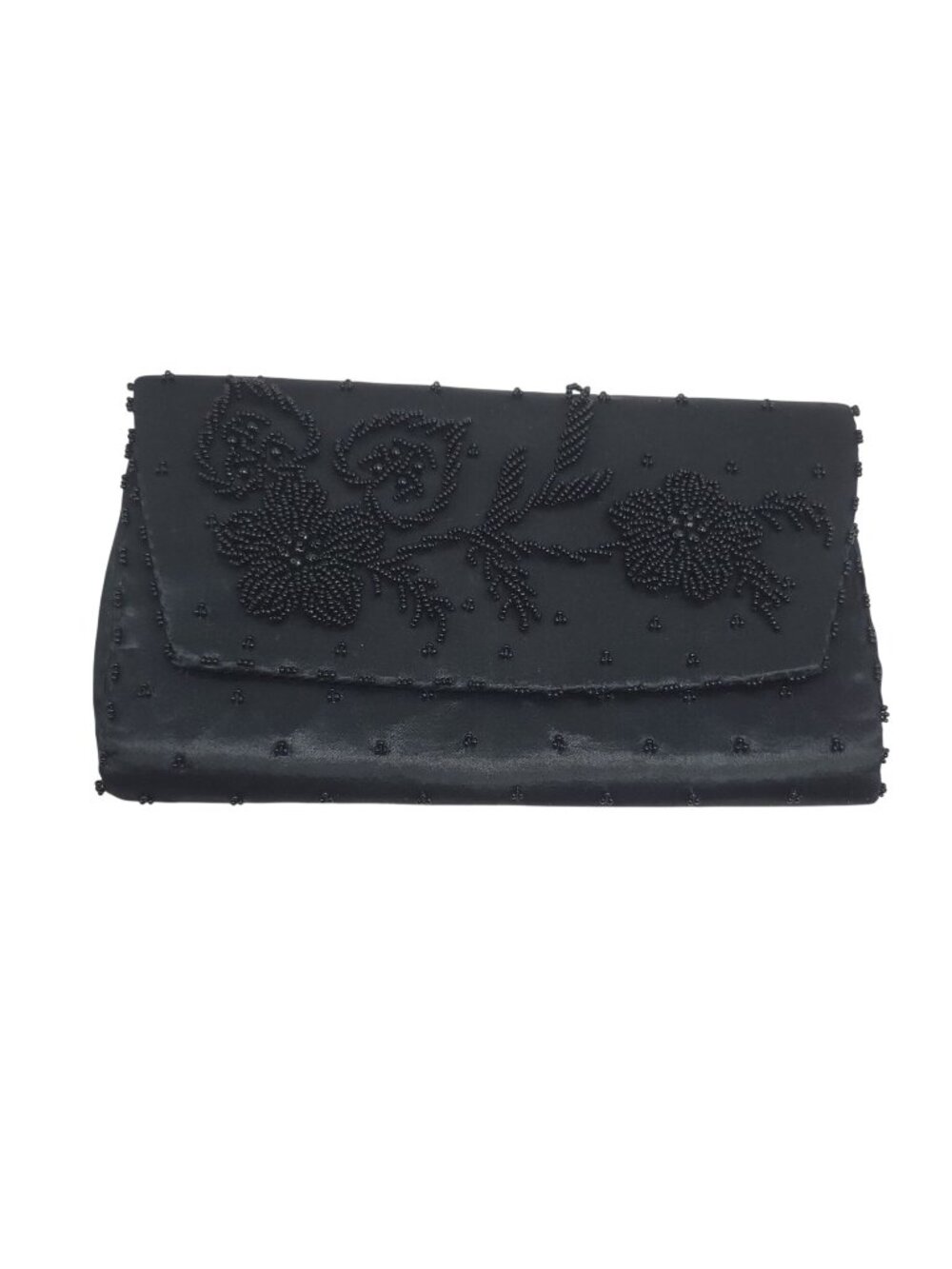 Vintage Black Beaded Satin Floral Evening Clutch Purse With Snap Closure Formal